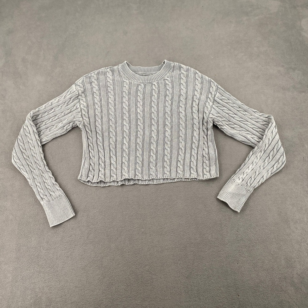 Aerie Grey Cable Knit Cropped Sweater Crew Neck Long Sleeve Small